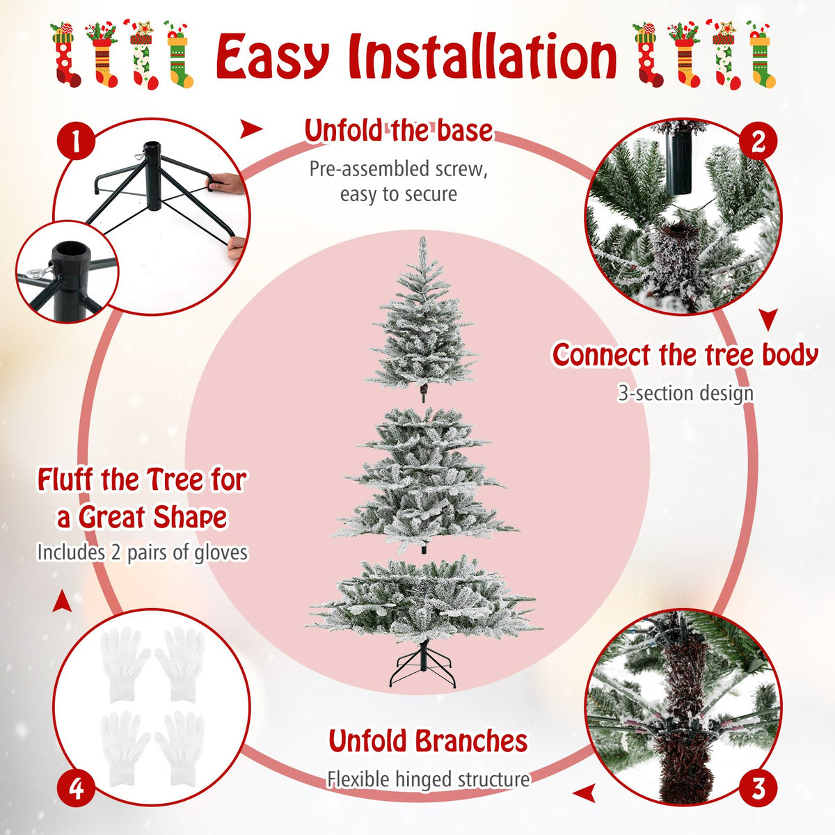 7 Feet Snow Flocked Artificial Christmas Tree with Cool White LED Lights view 8