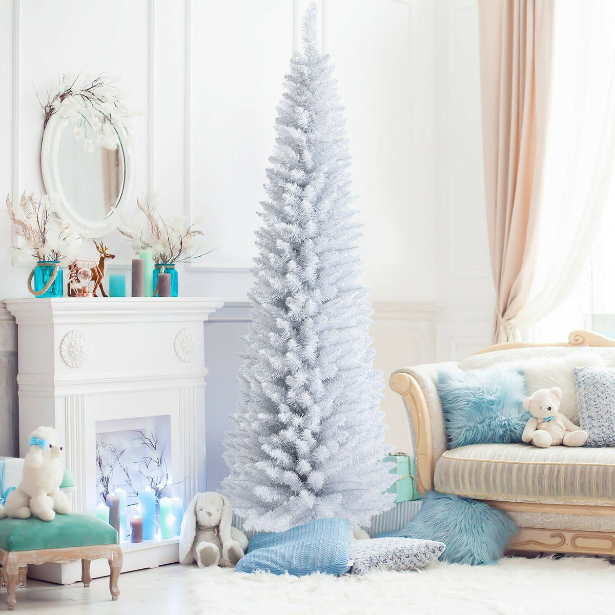 7 Feet Unlit Artificial Slim Christmas Pencil Tree with Metal Stand view 2