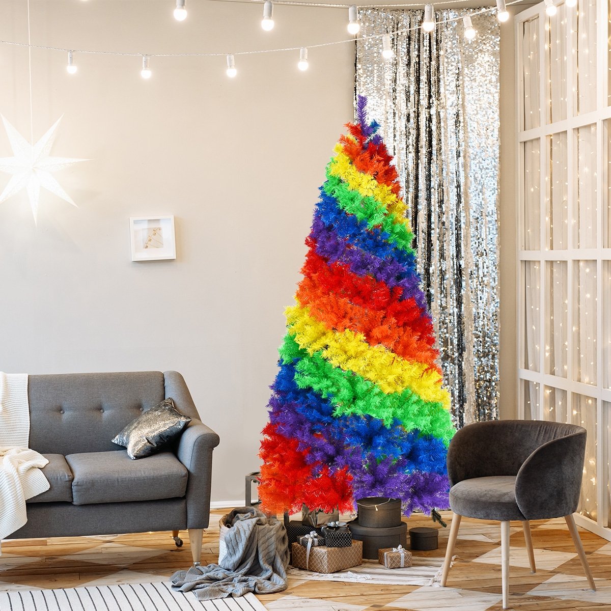 7 Feet Artificial Hinged Traditional Christmas Tree with Metal Stand view 2