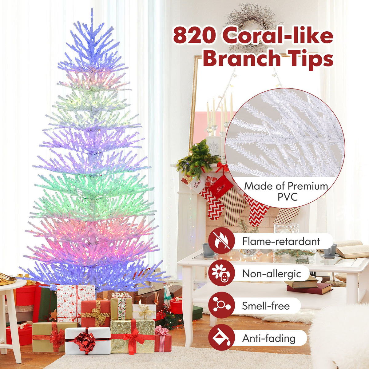 7 FT Artificial Pre-lit Christmas Tree Hinged Xmas Tree with 820 Coral-like Branch Tips view 8