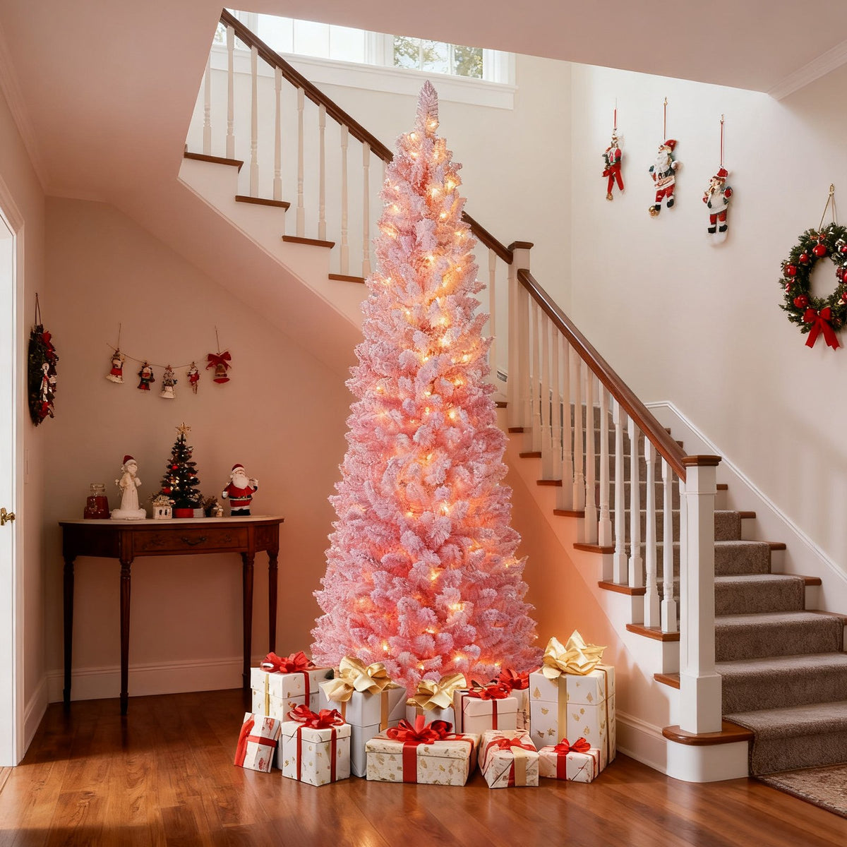 7 FTSnow-flocked Artificial Pink Christmas Tree Pre-lit Hinged Xmas Tree for Holiday Decoration view 3