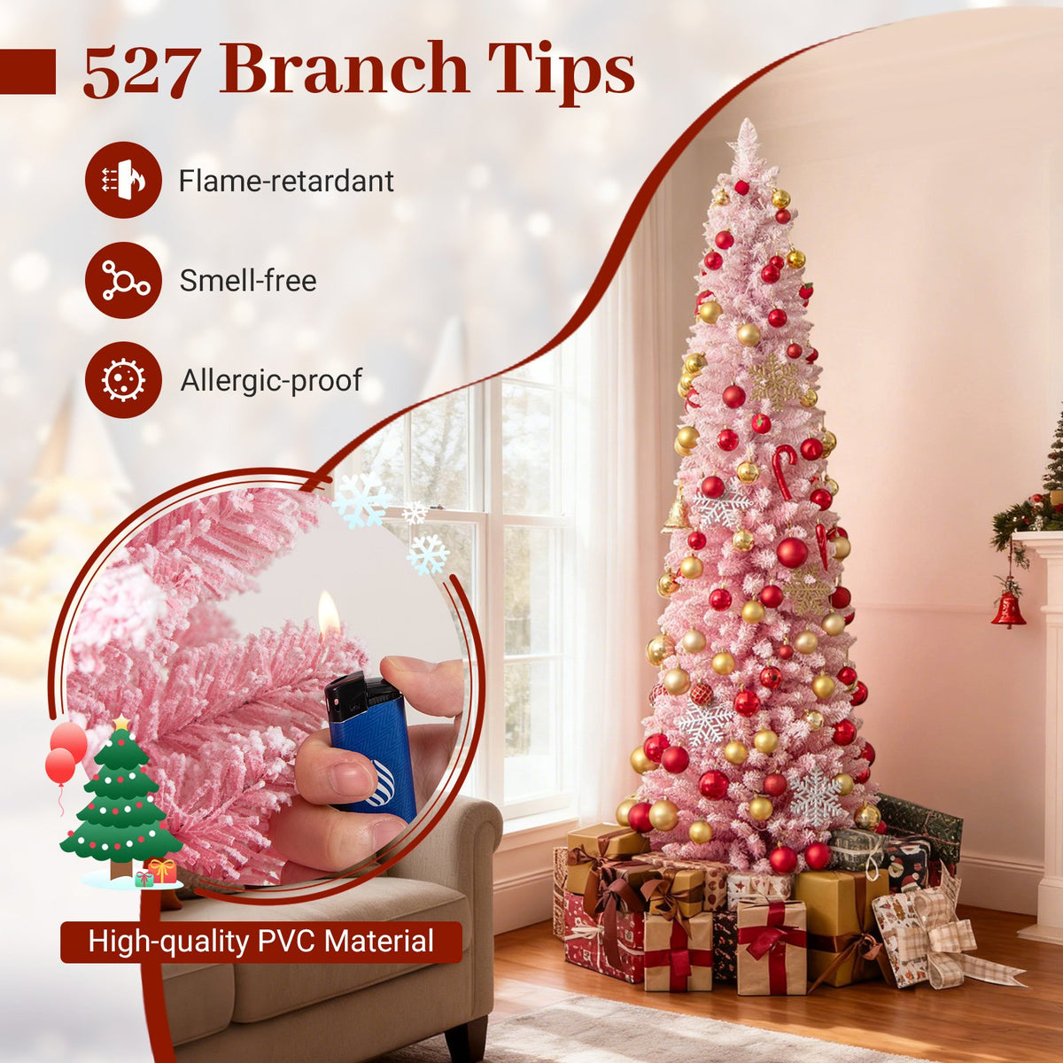 7 FTSnow-flocked Artificial Pink Christmas Tree Pre-lit Hinged Xmas Tree for Holiday Decoration view 9