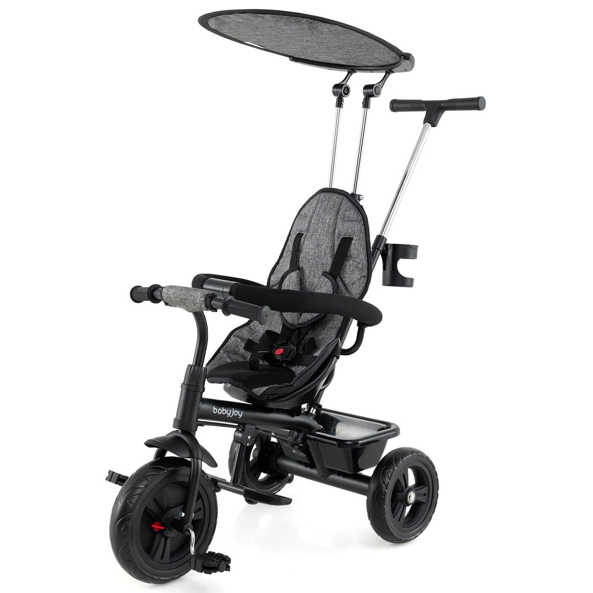 7-in-1 Baby Stroller Tricycle with Adjustable Canopy and Foldable Footrests for Ages 9-60 Months Old-Gray
