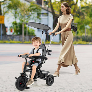 7-in-1 Baby Stroller Tricycle with Adjustable Canopy and Foldable Footrests for Ages 9-60 Months Old-Gray view 3