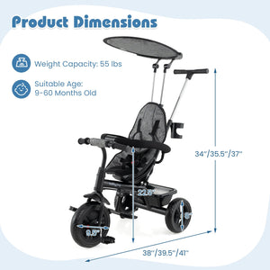 7-in-1 Baby Stroller Tricycle with Adjustable Canopy and Foldable Footrests for Ages 9-60 Months Old-Gray view 4