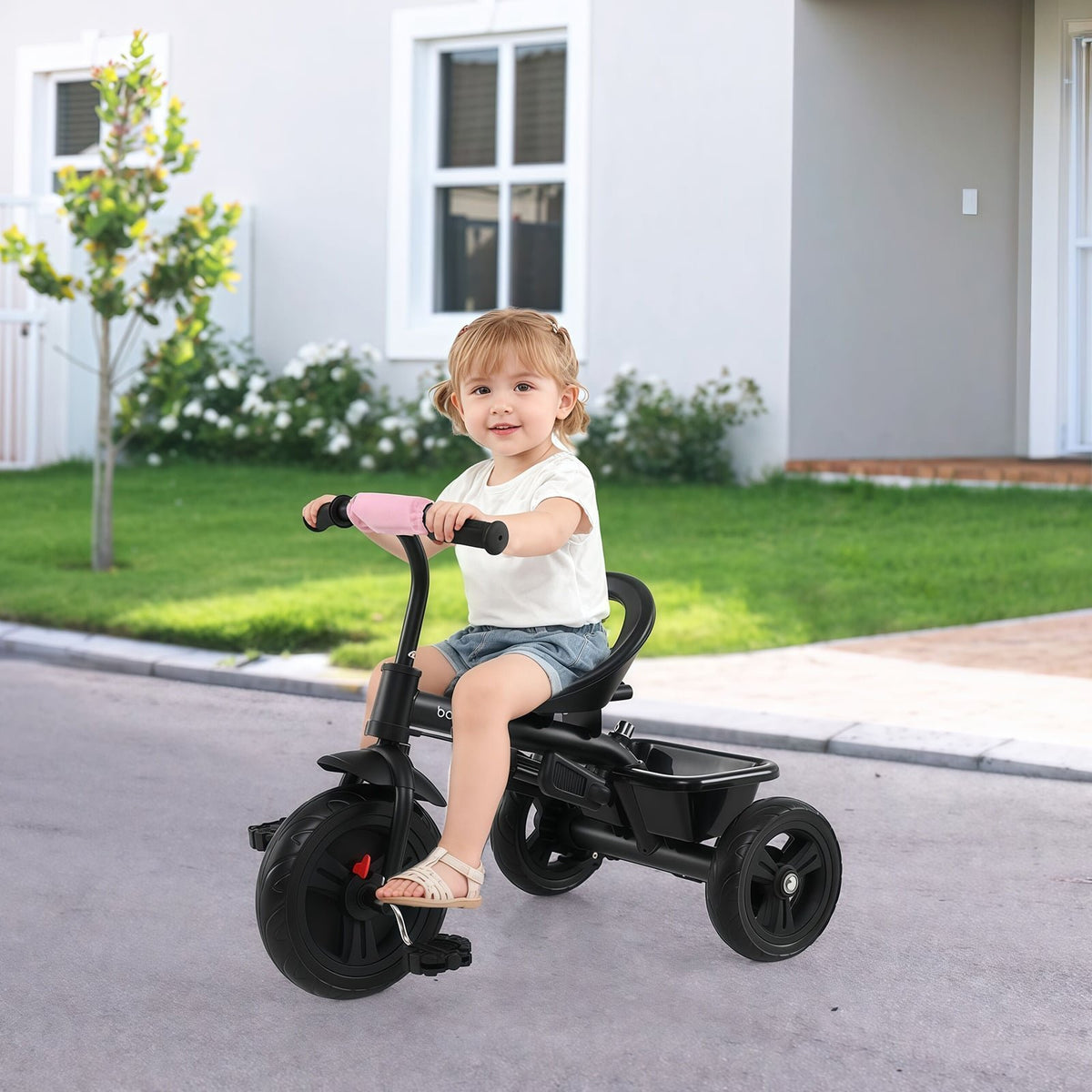 7-in-1 Baby Stroller Tricycle with Adjustable Canopy and Foldable Footrests for Ages 9-60 Months Old-Pink view 2