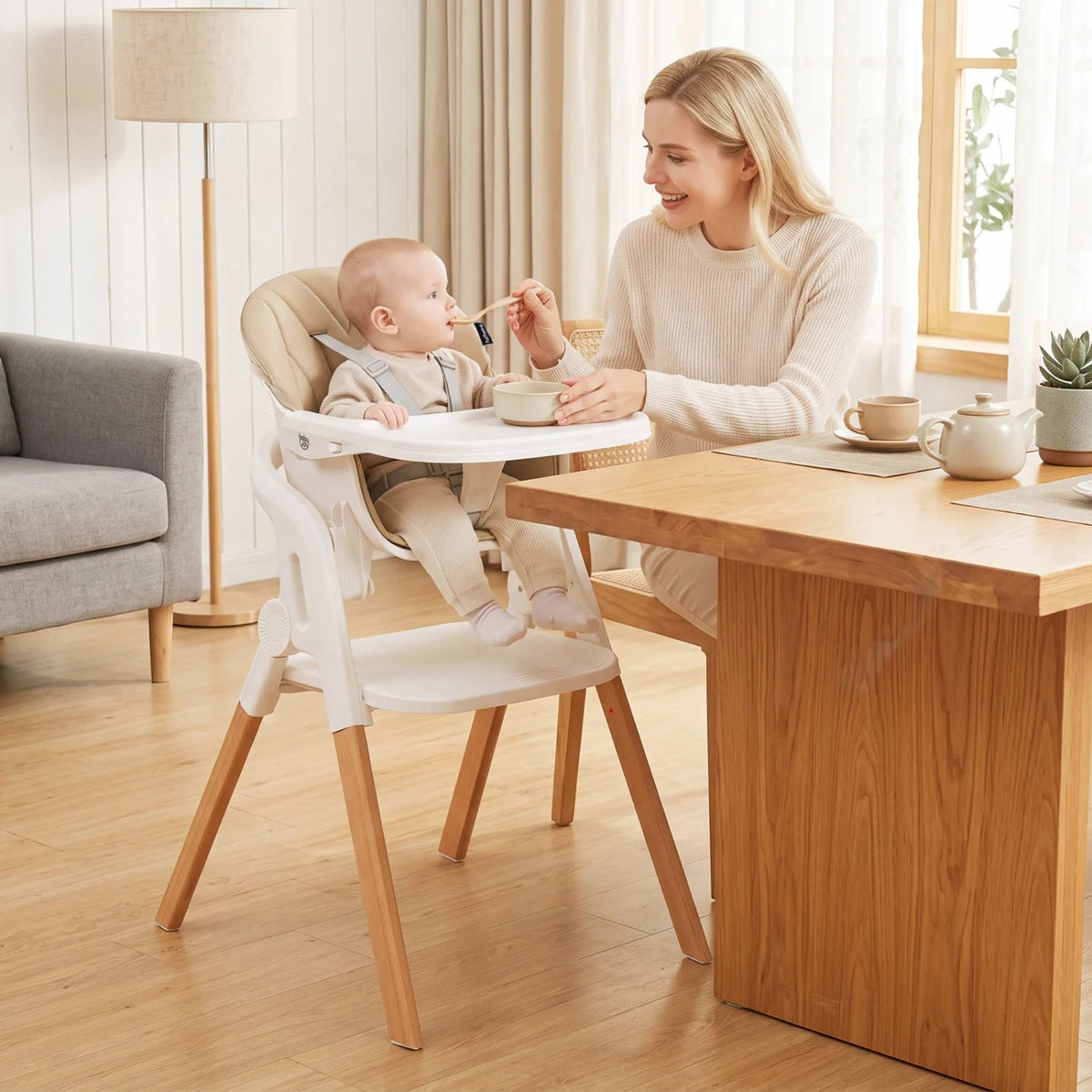 7-in-1 Convertible Foldable Baby High Chair with Adjustable Tray for Kids-Beige view 2