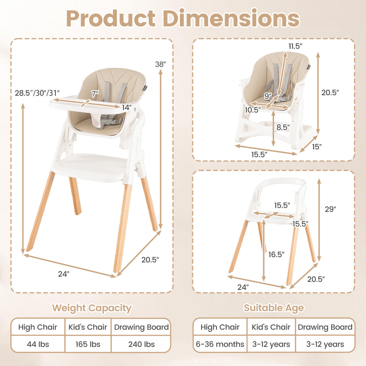7-in-1 Convertible Foldable Baby High Chair with Adjustable Tray for Kids-Beige view 4