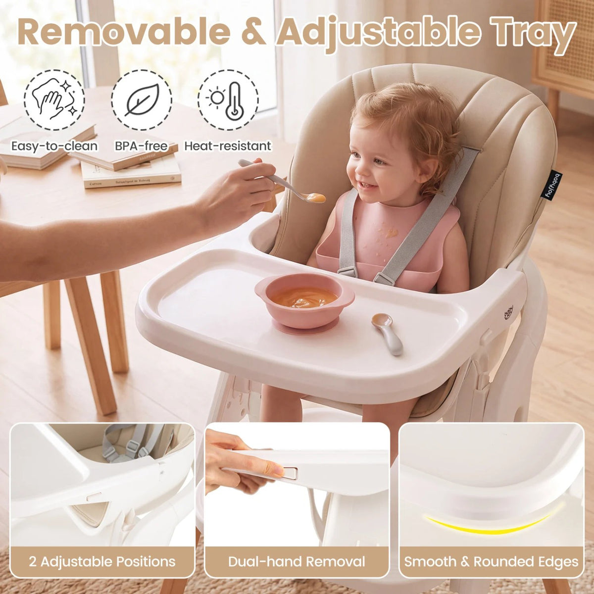7-in-1 Convertible Foldable Baby High Chair with Adjustable Tray for Kids-Beige view 6