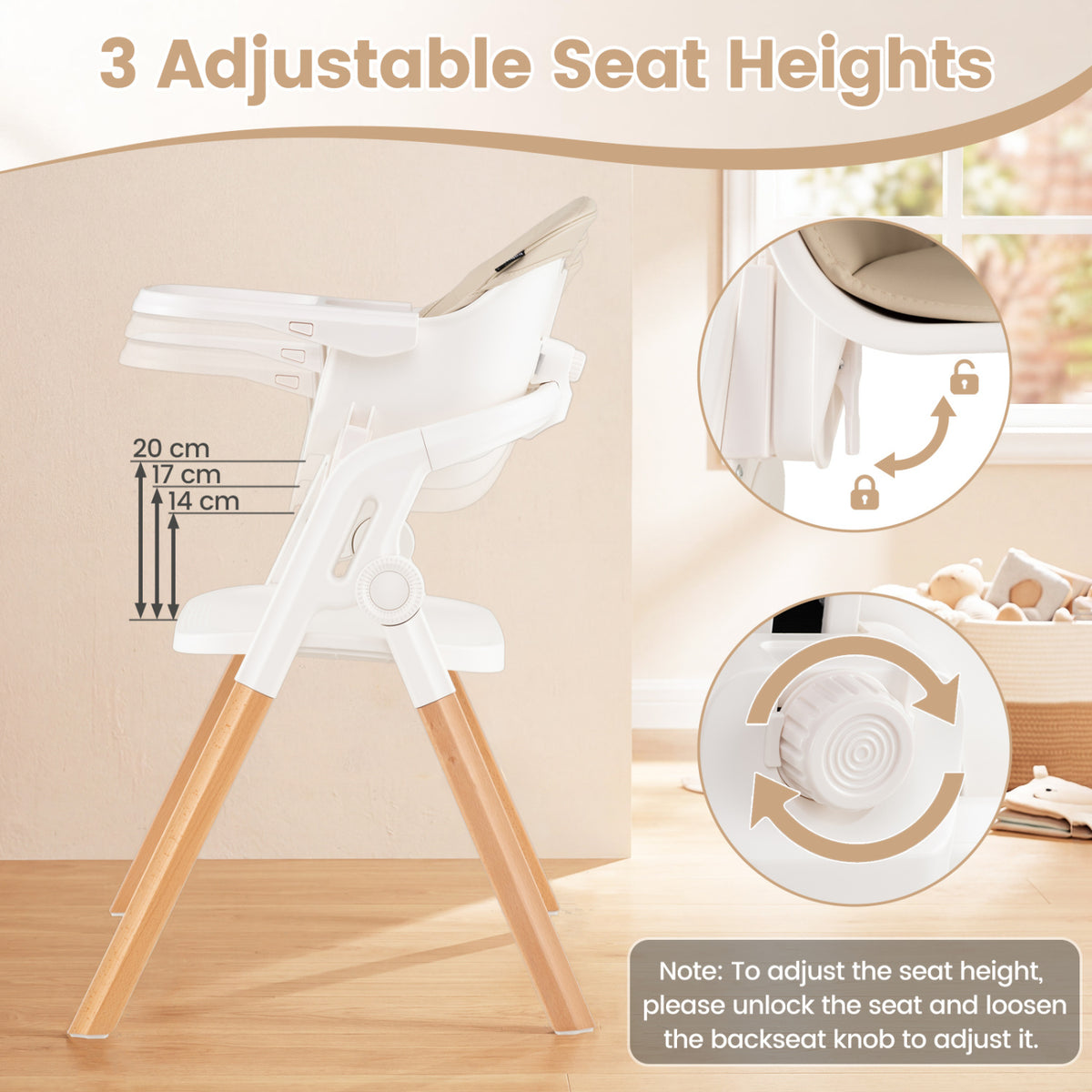 7-in-1 Convertible Foldable Baby High Chair with Adjustable Tray for Kids-Beige view 7