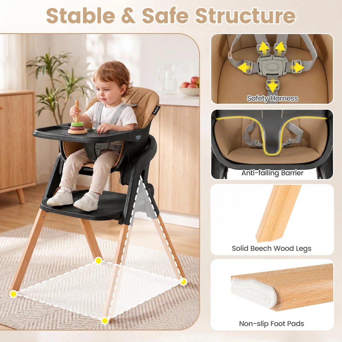 7-in-1 Convertible Foldable Baby High Chair with Adjustable Tray for Kids-Brown view 9