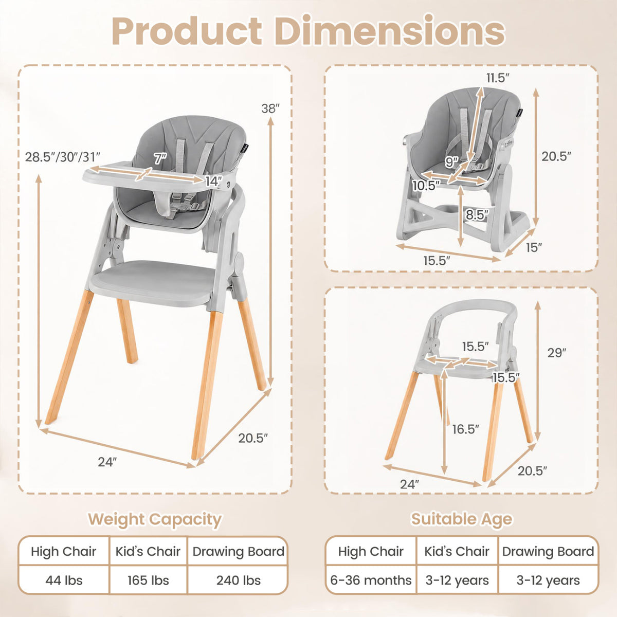 7-in-1 Convertible Foldable Baby High Chair with Adjustable Tray for Kids-Gray view 4