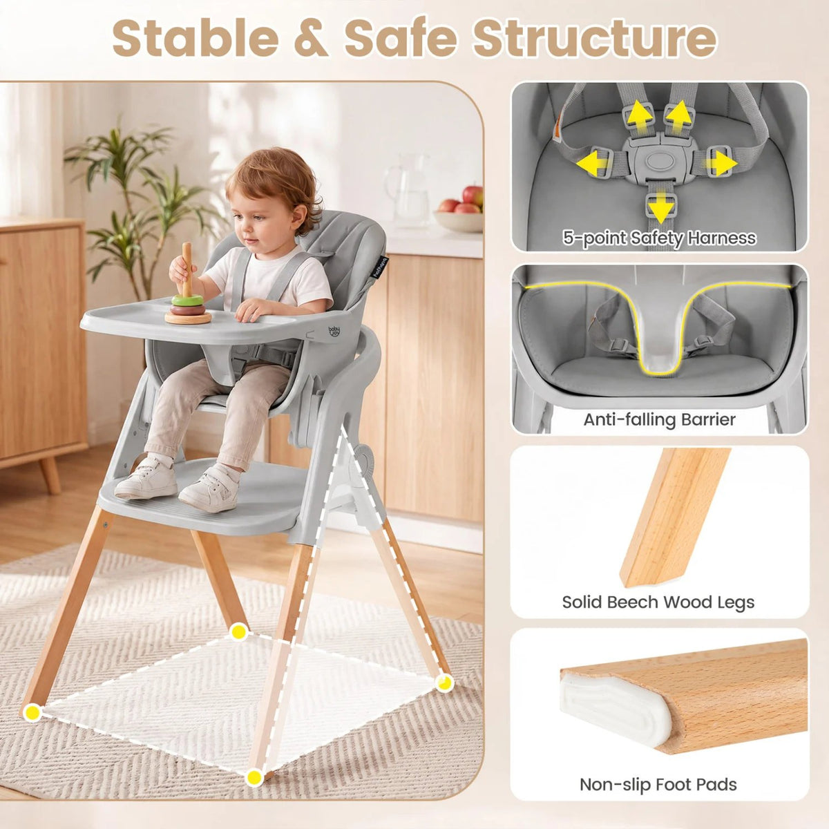 7-in-1 Convertible Foldable Baby High Chair with Adjustable Tray for Kids-Gray view 9