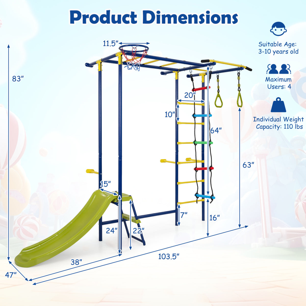 7-in-1 Swedish Ladder Wall Playset with Monkey Bars and Slide view 5