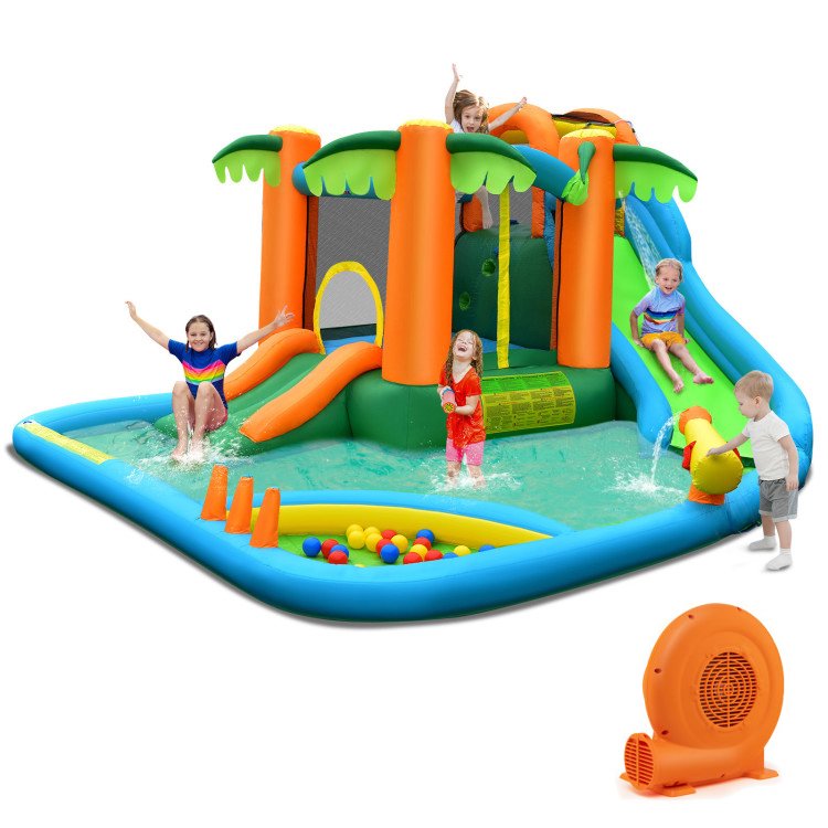 7-in-1 Inflatable Water Slide Park with Trampoline Climbing and 680W Blower
