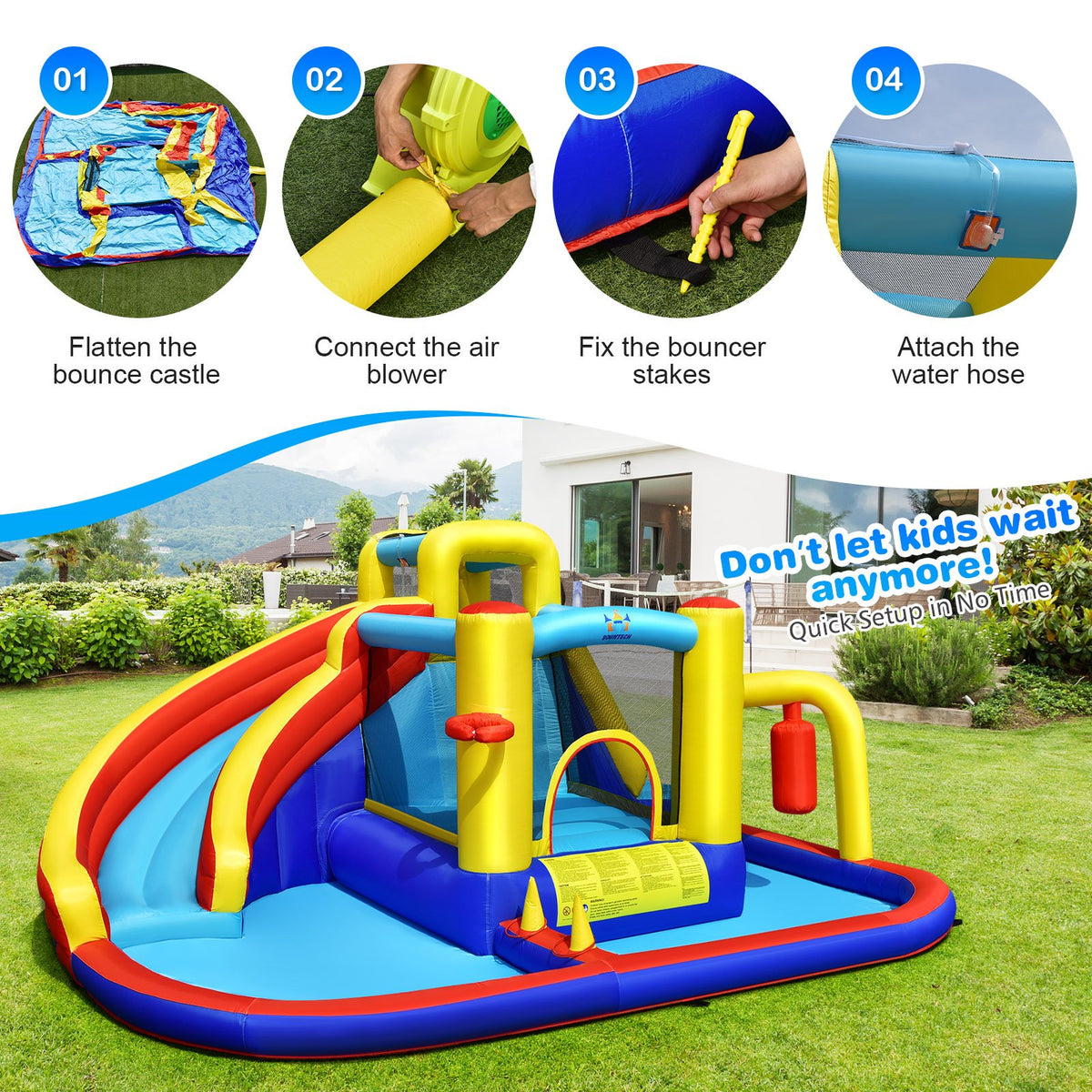 7-in-1 Inflatable Water Slide with 735W Air Blower and Splash Pool view 6