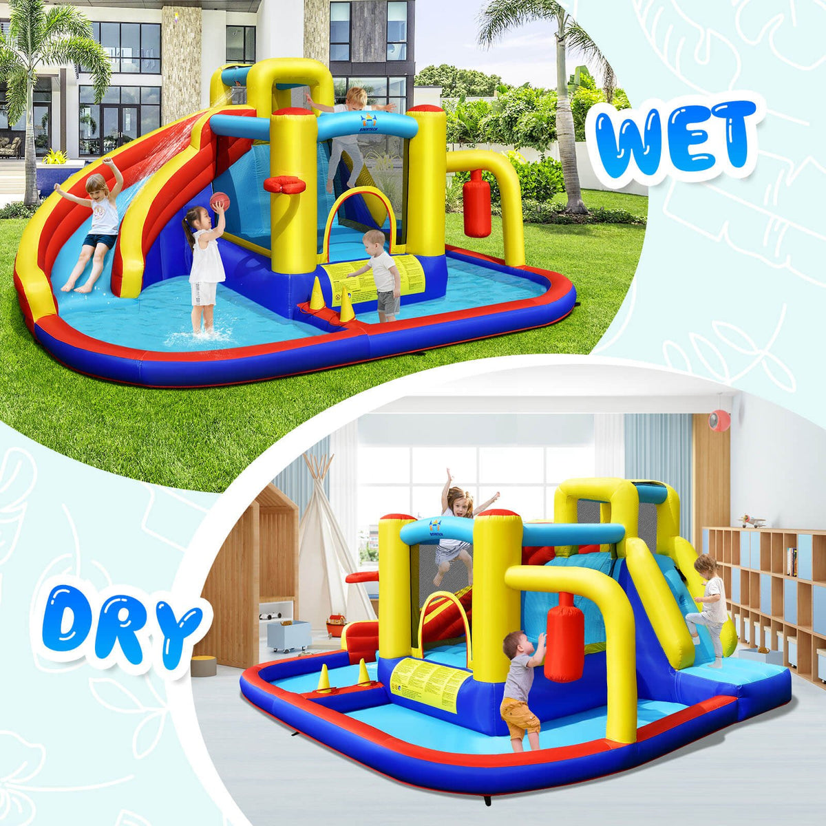 7-in-1 Inflatable Water Slide with 735W Air Blower and Splash Pool view 9