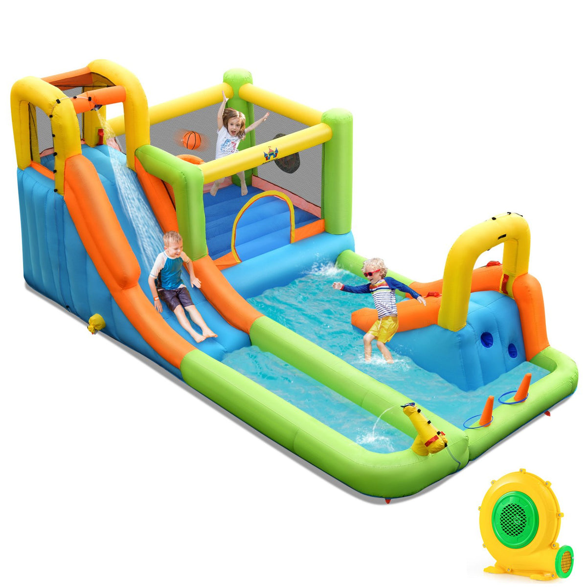 8-in-1 Inflatable Water Slide Bounce House with Splash Pool and 735W Blower