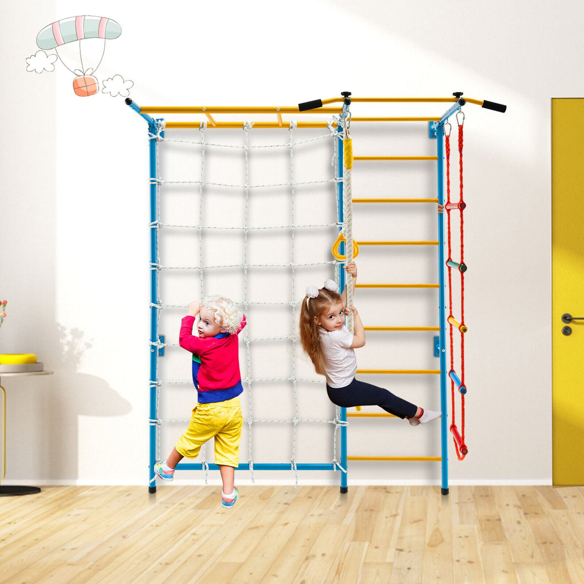 7 In 1 Kids Indoor Gym Playground Swedish Wall Ladder for Solid Wall-Yellow view 2
