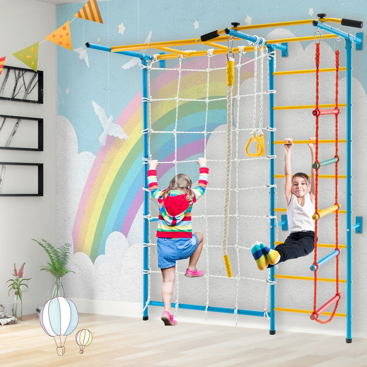 7 In 1 Kids Indoor Gym Playground Swedish Wall Ladder for Solid Wall-Yellow view 3