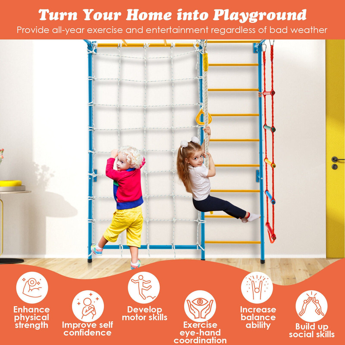 7 In 1 Kids Indoor Gym Playground Swedish Wall Ladder for Solid Wall-Yellow view 8