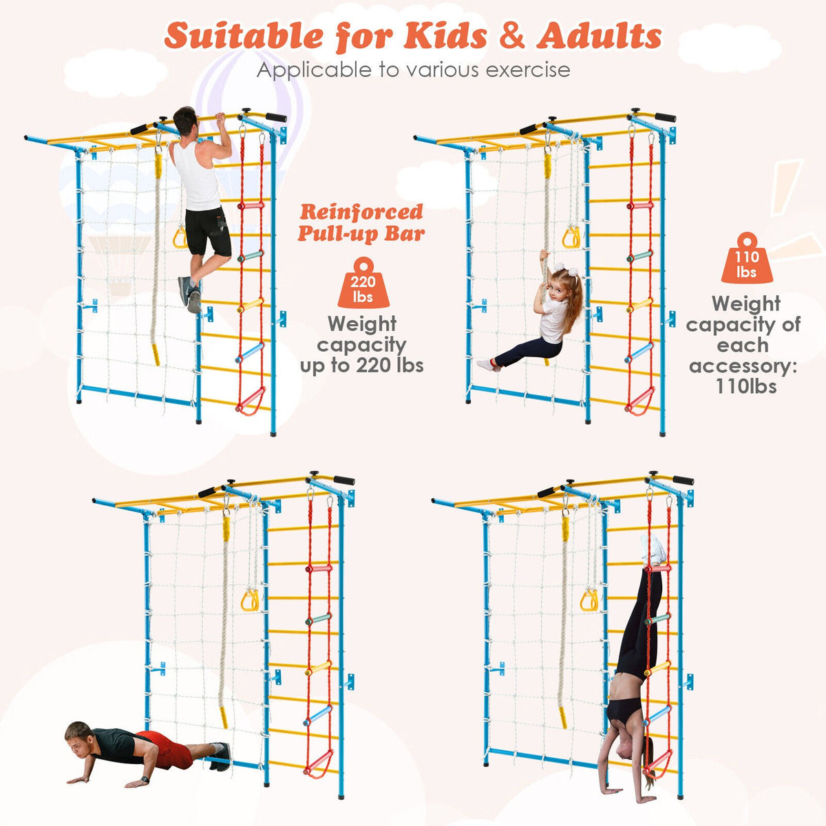 7 In 1 Kids Indoor Gym Playground Swedish Wall Ladder for Solid Wall-Yellow view 9
