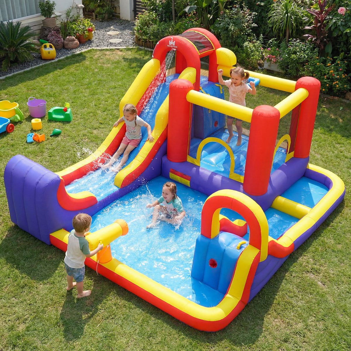 7 in 1 Outdoor Inflatable Bounce House with Water Slides and Splash Pools with 750W Blower view 2