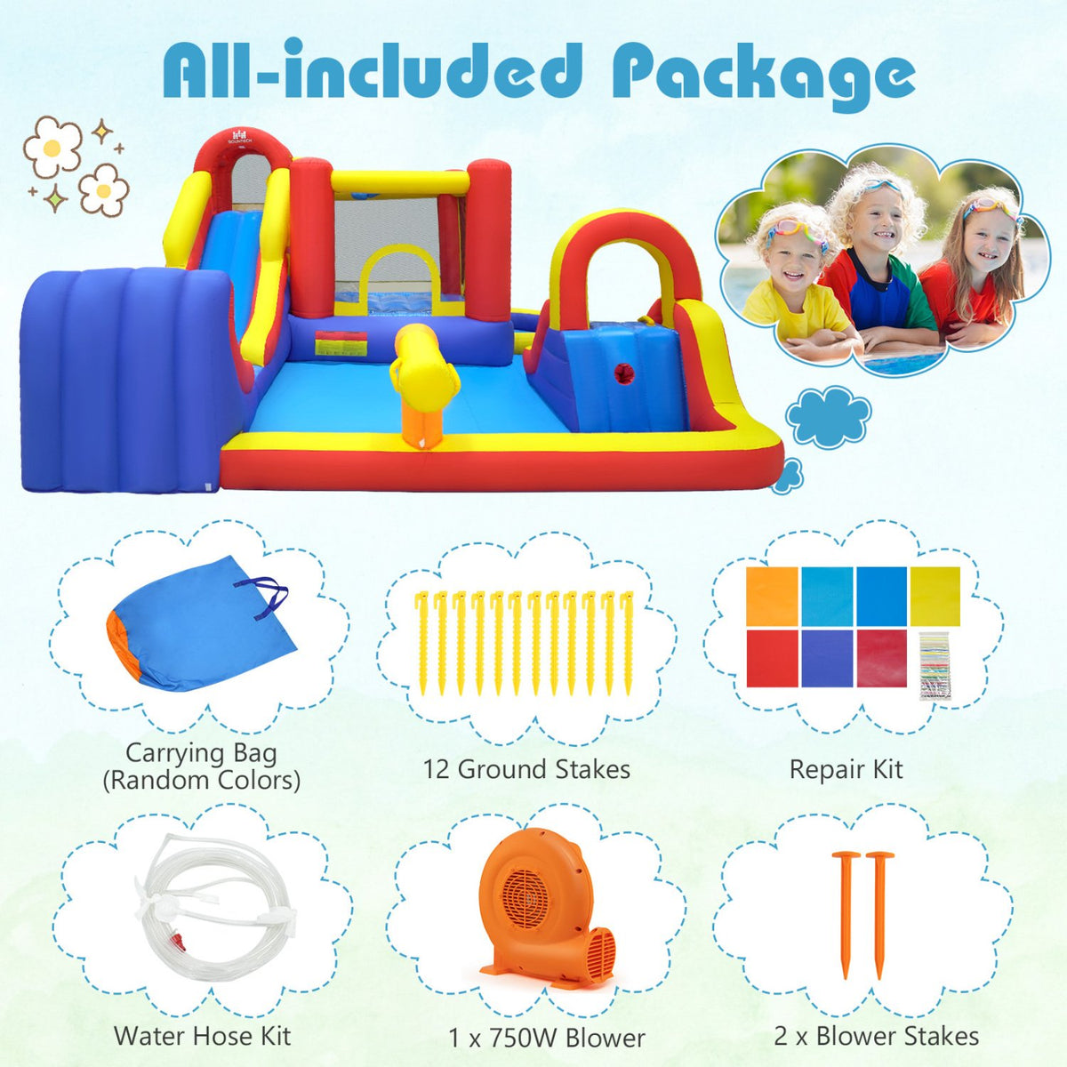 7 in 1 Outdoor Inflatable Bounce House with Water Slides and Splash Pools with 750W Blower view 7