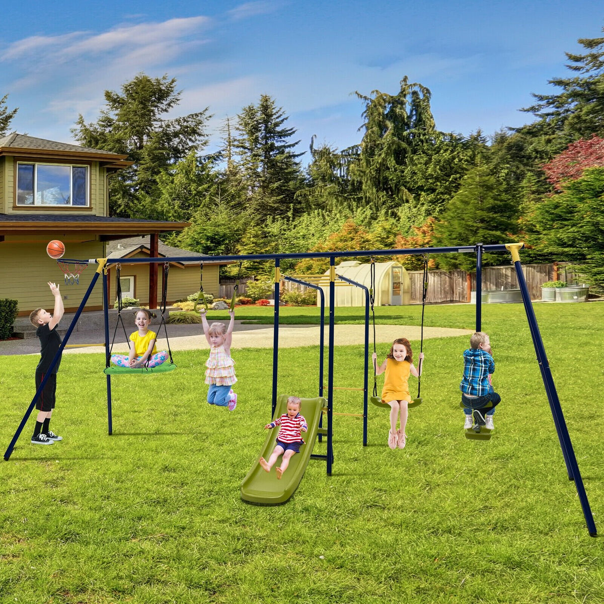 7-in-1 Stable A-shaped Outdoor Swing Set for Backyard view 2