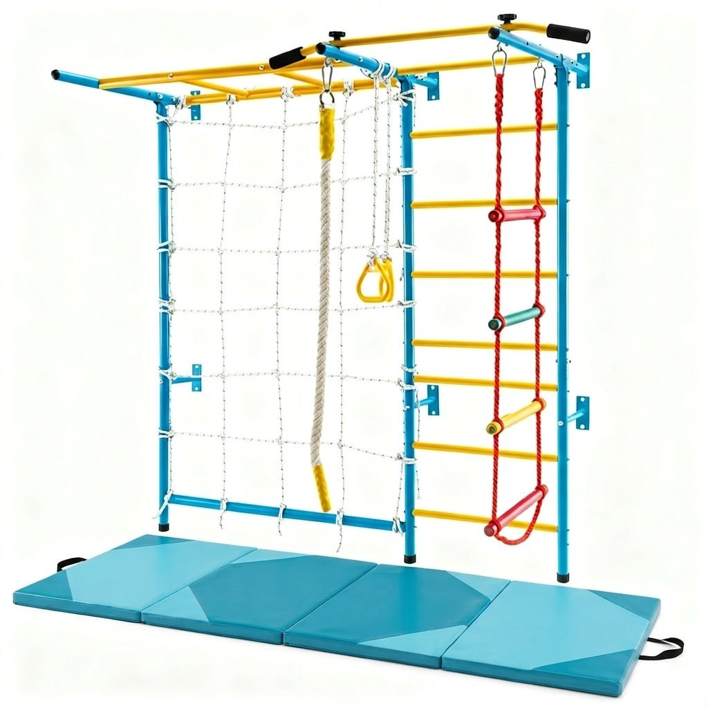 7-in-1 Swedish Ladder with Folding Gymnastics Mat for Solid Wall for Kids view 3