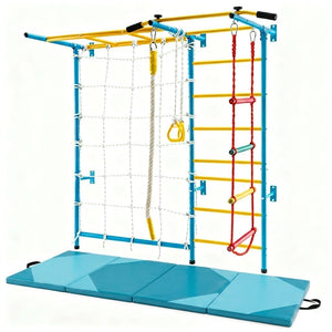 7-in-1 Swedish Ladder with Folding Gymnastics Mat for Solid Wall for Kids view 3
