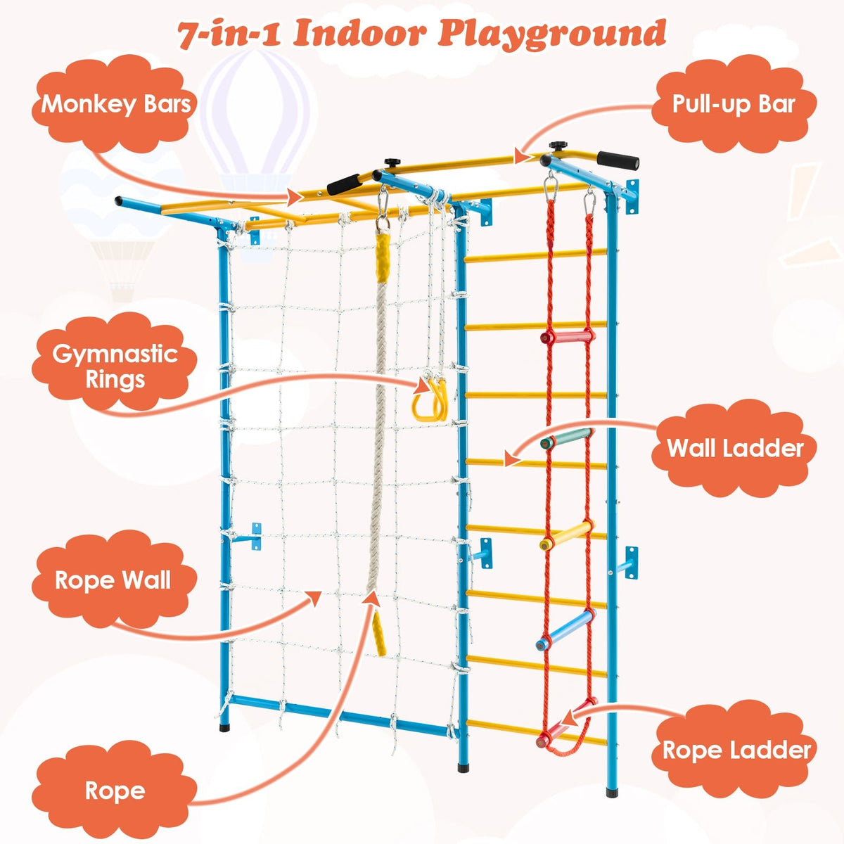 7-in-1 Swedish Ladder with Folding Gymnastics Mat for Solid Wall for Kids view 6
