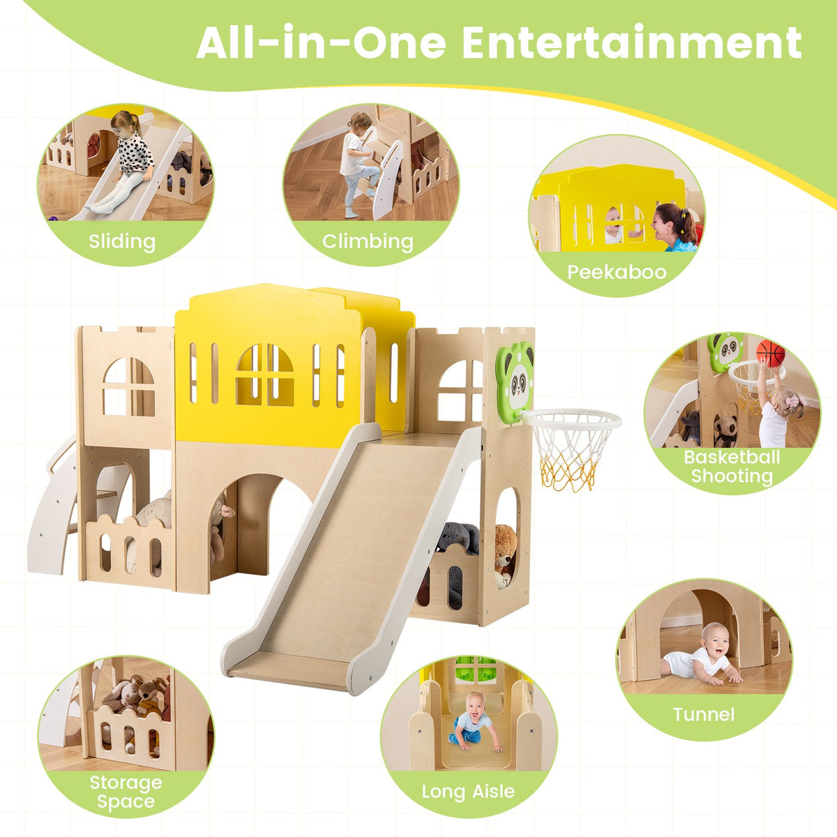 7-in-1 Toddler Slide Set for Kids with Climber and Basketball Hoop-Multicolor view 6