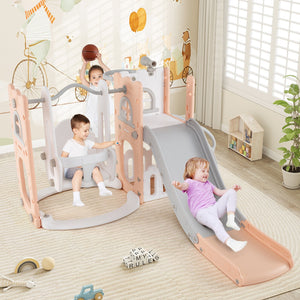 7-in-1 Toddler Swing and Slide Set L-shaped with Ladder and Basketball Hoop-Pink view 2