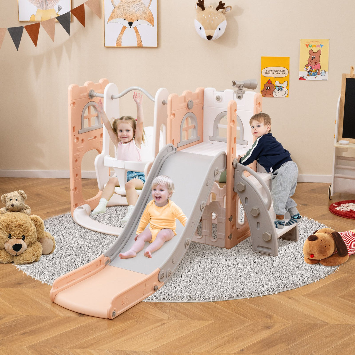 7-in-1 Toddler Swing and Slide Set L-shaped with Ladder and Basketball Hoop-Pink view 3