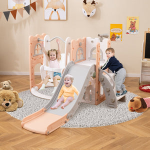7-in-1 Toddler Swing and Slide Set L-shaped with Ladder and Basketball Hoop-Pink view 3