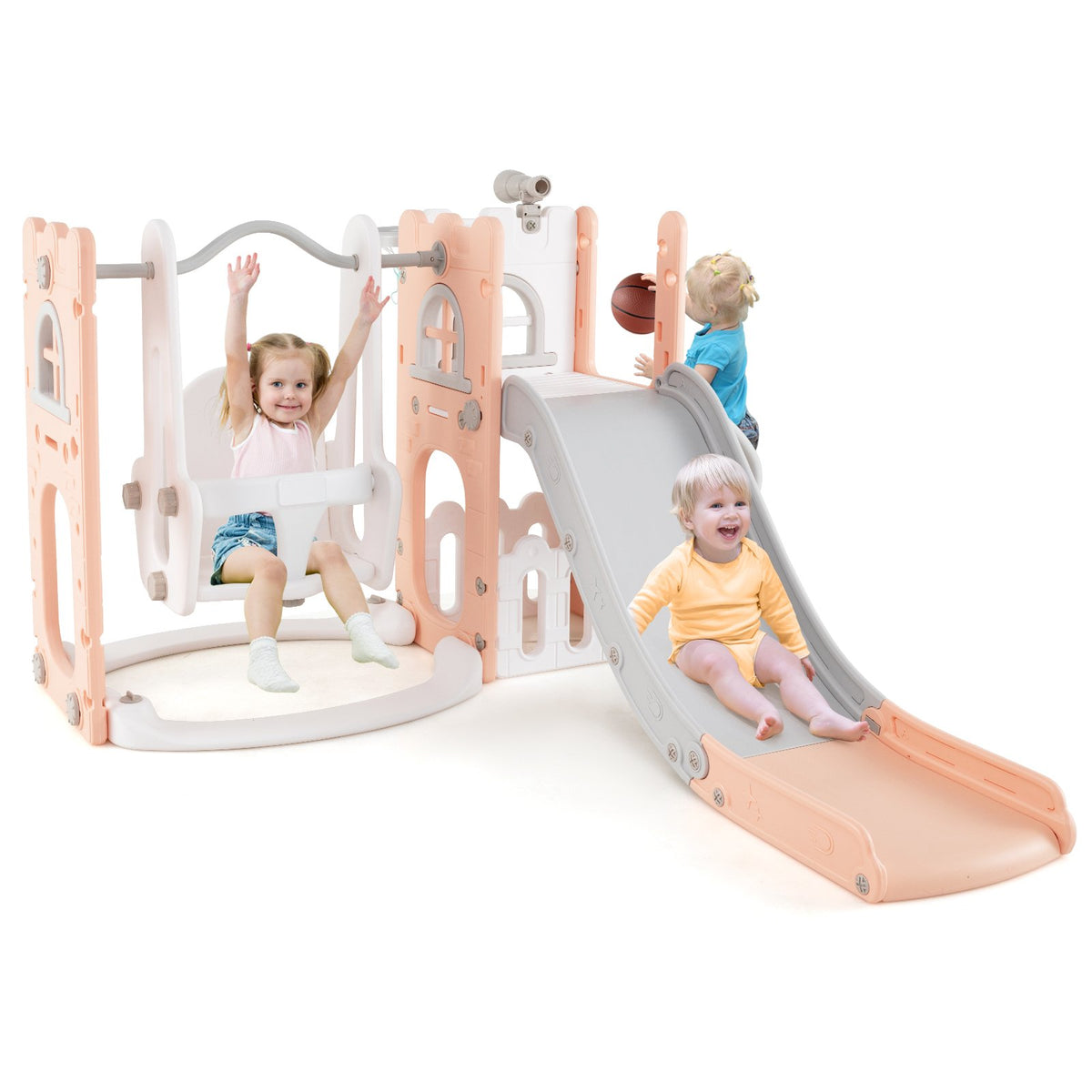 7-in-1 Toddler Swing and Slide Set L-shaped with Ladder and Basketball Hoop-Pink view 4