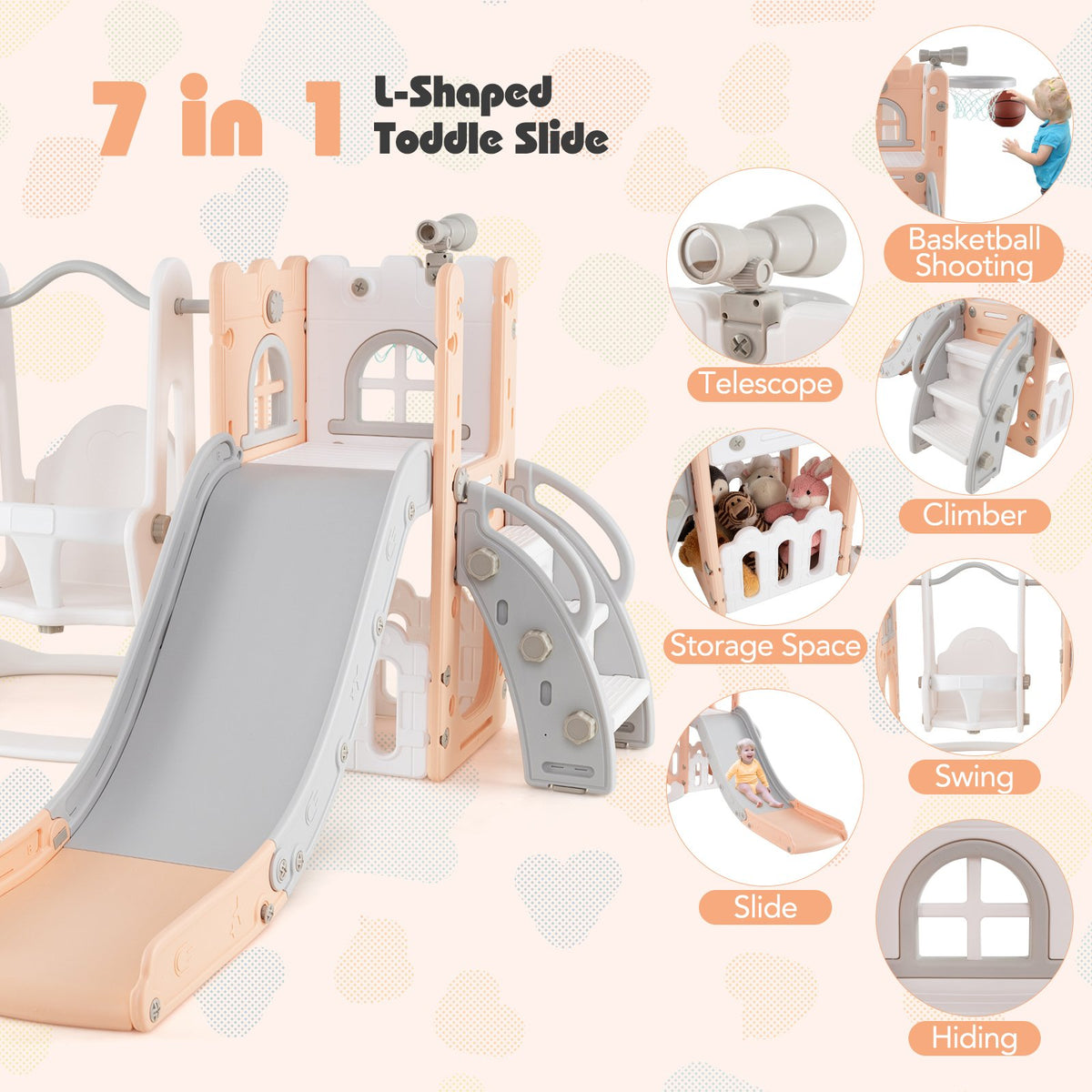 7-in-1 Toddler Swing and Slide Set L-shaped with Ladder and Basketball Hoop-Pink view 6
