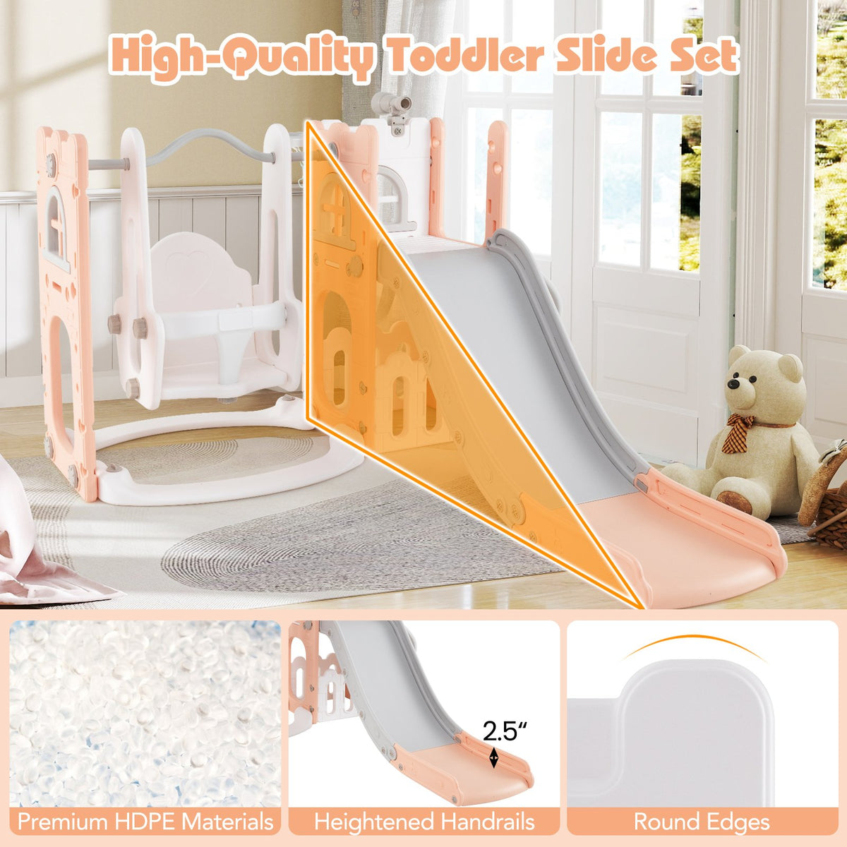 7-in-1 Toddler Swing and Slide Set L-shaped with Ladder and Basketball Hoop-Pink view 8