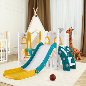 7-in-1 Toddler Swing and Slide Set L-shaped with Ladder and Basketball Hoop-Yellow view 2