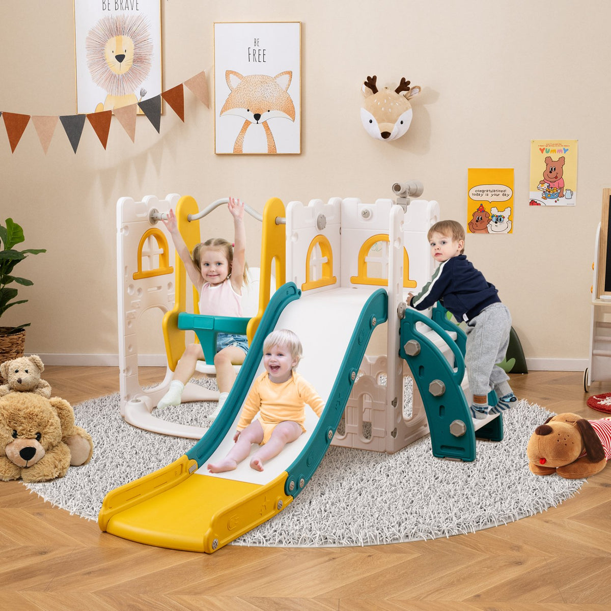 7-in-1 Toddler Swing and Slide Set L-shaped with Ladder and Basketball Hoop-Yellow view 3
