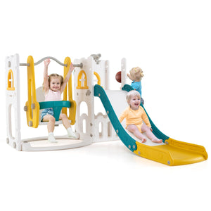 7-in-1 Toddler Swing and Slide Set L-shaped with Ladder and Basketball Hoop-Yellow view 4