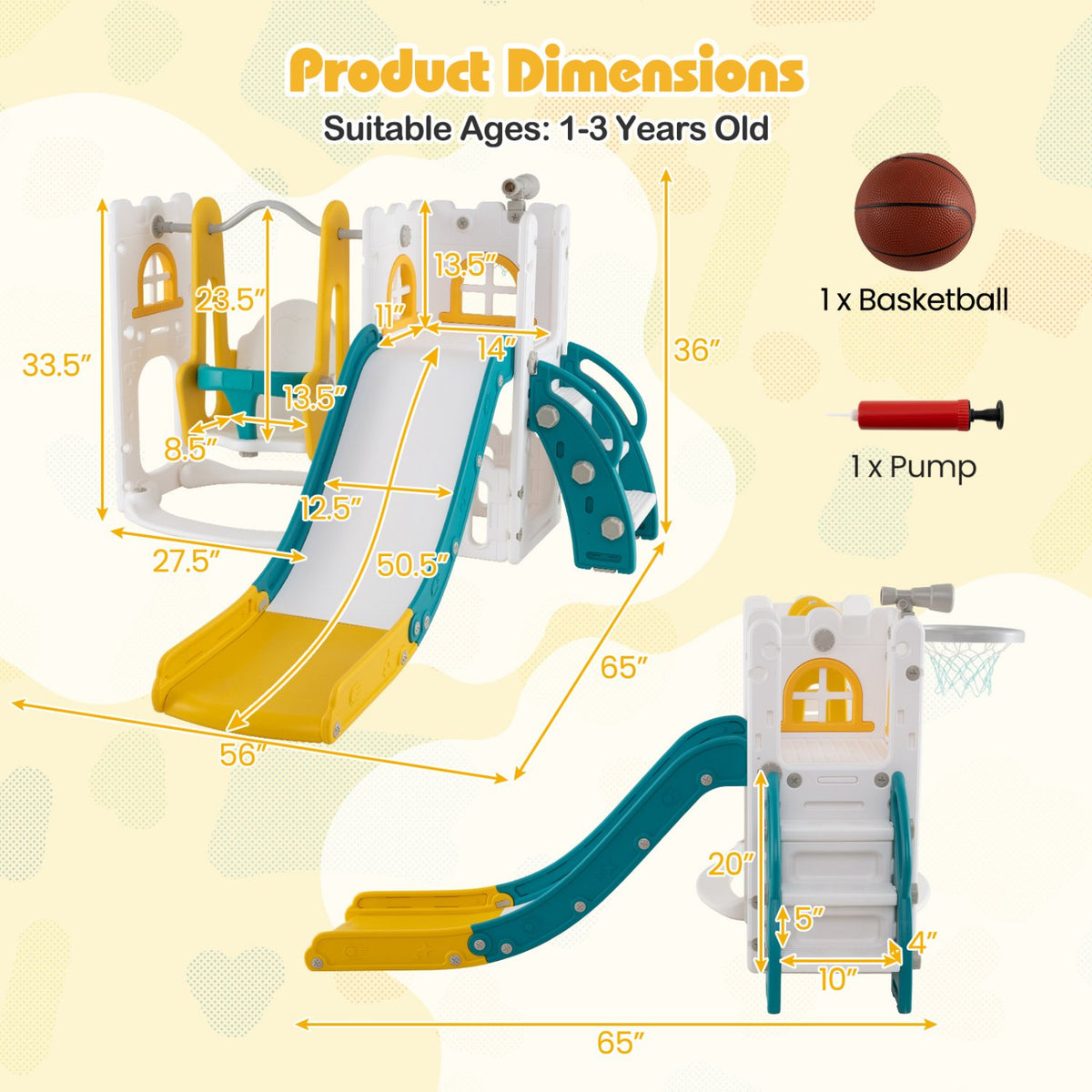 7-in-1 Toddler Swing and Slide Set L-shaped with Ladder and Basketball Hoop-Yellow view 5