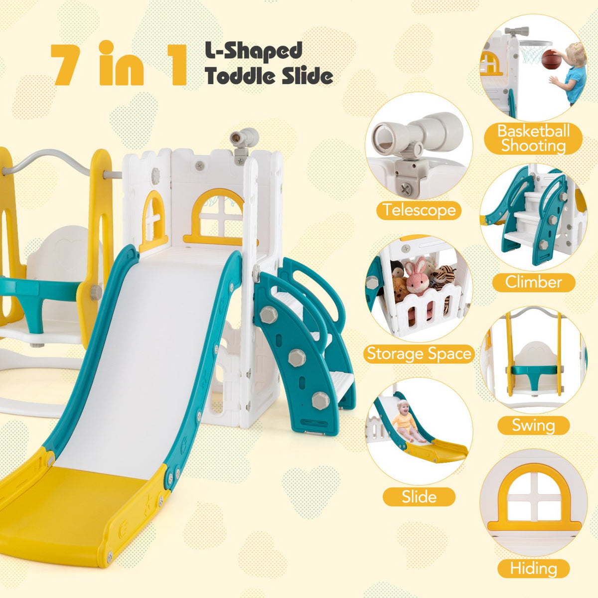 7-in-1 Toddler Swing and Slide Set L-shaped with Ladder and Basketball Hoop-Yellow view 6