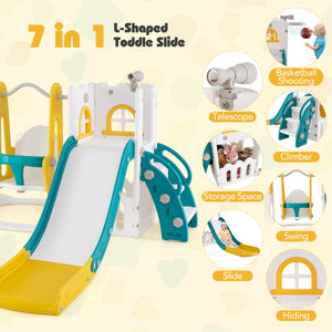 7-in-1 Toddler Swing and Slide Set L-shaped with Ladder and Basketball Hoop-Yellow view 6