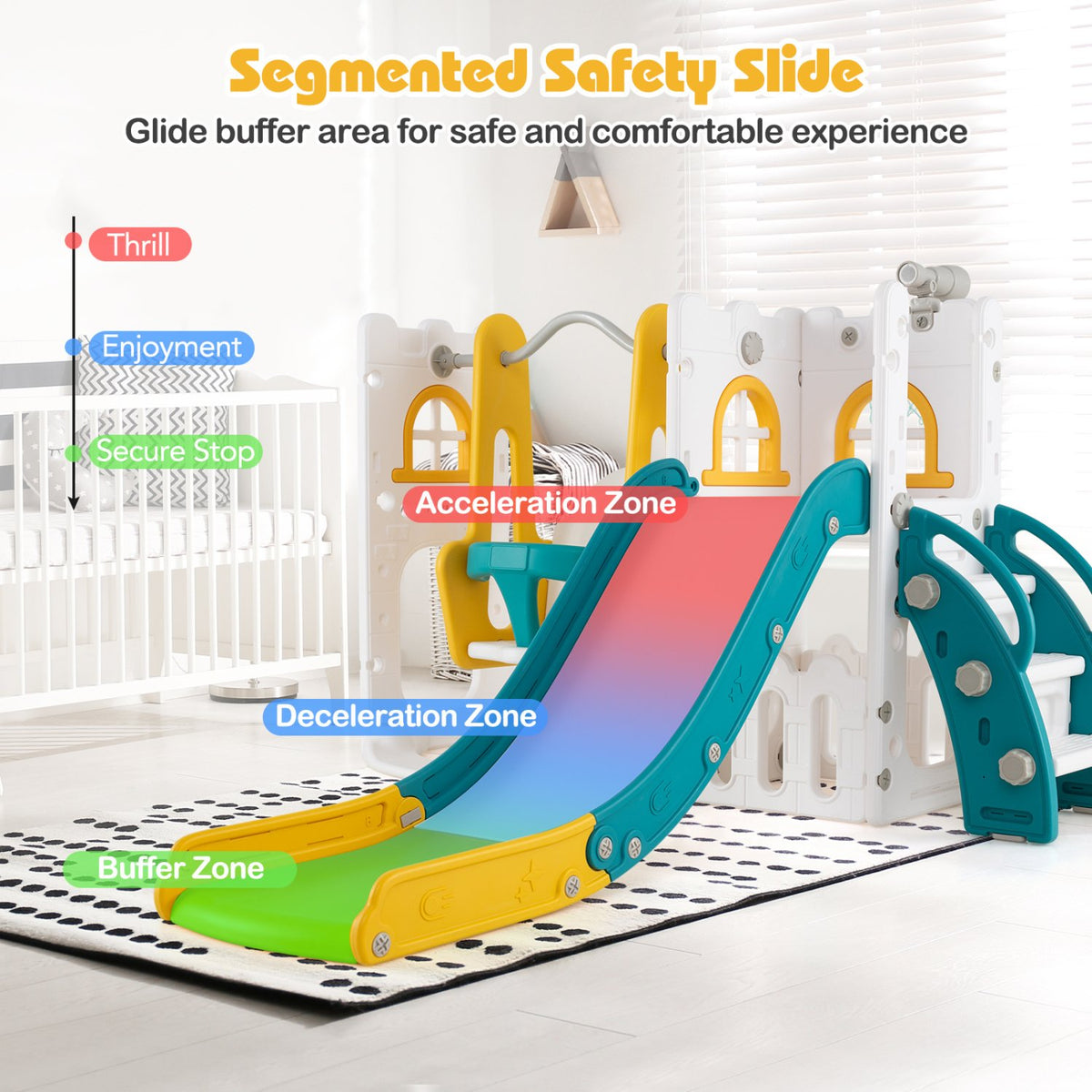 7-in-1 Toddler Swing and Slide Set L-shaped with Ladder and Basketball Hoop-Yellow view 7