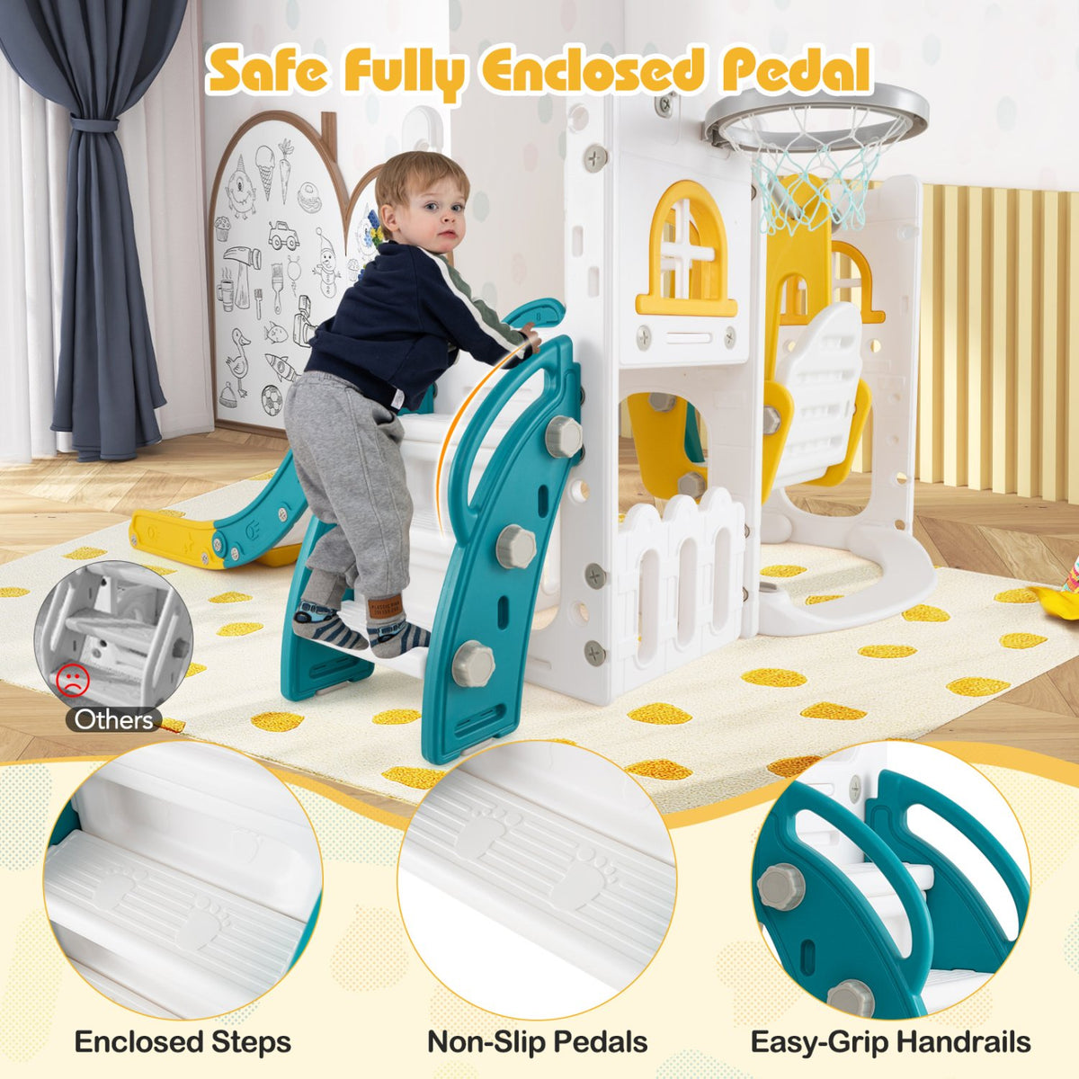 7-in-1 Toddler Swing and Slide Set L-shaped with Ladder and Basketball Hoop-Yellow view 9