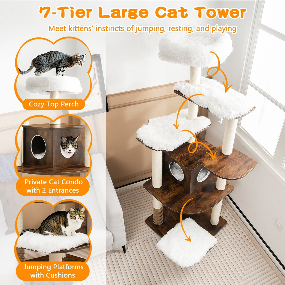 7-Layer Wooden Cat Tree Tall Cat Tower with Sisal Posts and Condo-Brown view 6