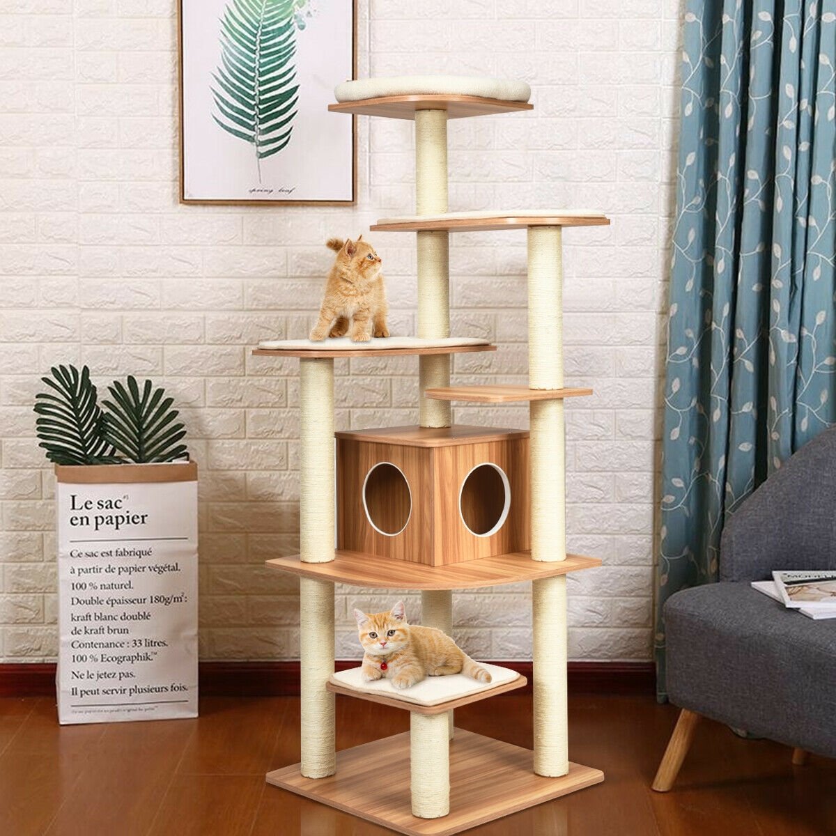 7-Layer Wooden Cat Tree Tall Cat Tower with Sisal Posts and Condo-Natural view 2