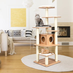7-Layer Wooden Cat Tree Tall Cat Tower with Sisal Posts and Condo-Natural view 3